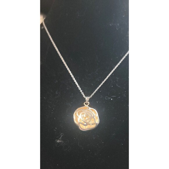 Sterling Silver Open Frame Rose Pendant Necklace & Earrings Two Tone NEW - Picture 13 of 14